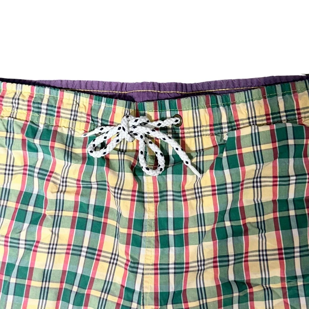 Tommy Hilfiger Trunks Mens Medium Plaid Swim Shorts Green Yellow Red Vintage